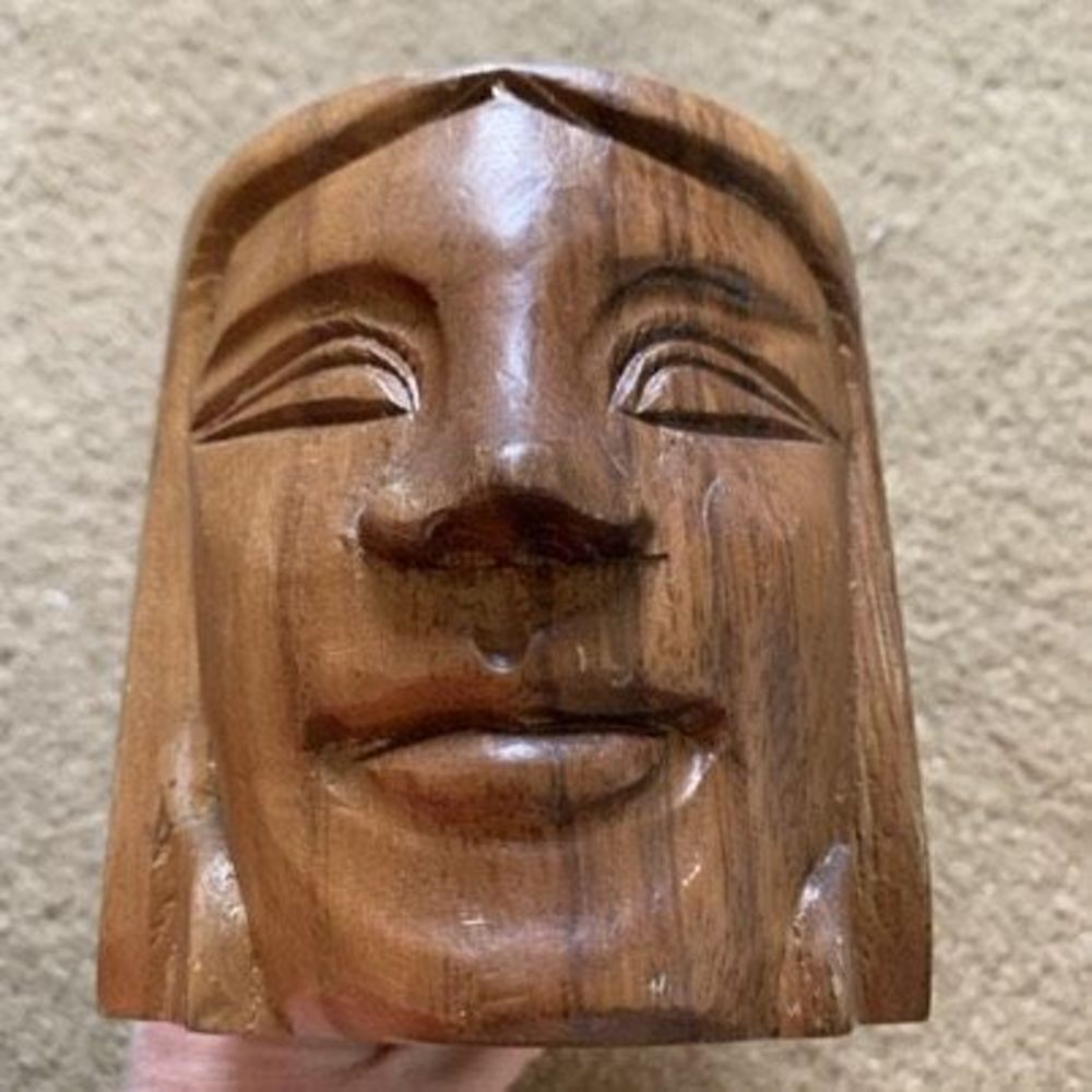 Vintage Monkey Pod Wood Head Mug Philippines Mid Century Modern